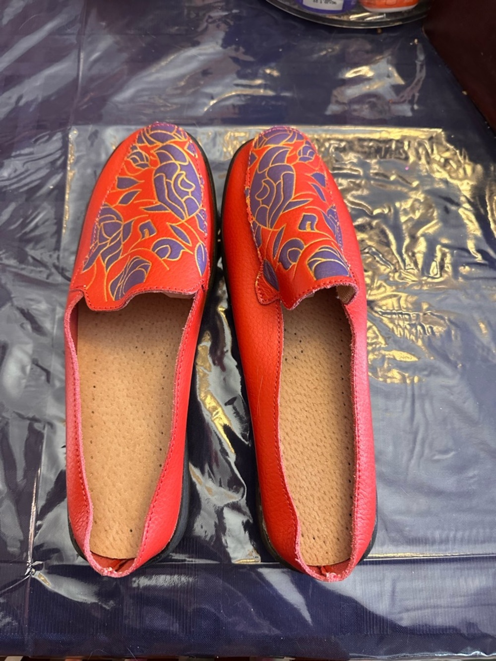 Red Floral Slip-On Loafers for Women